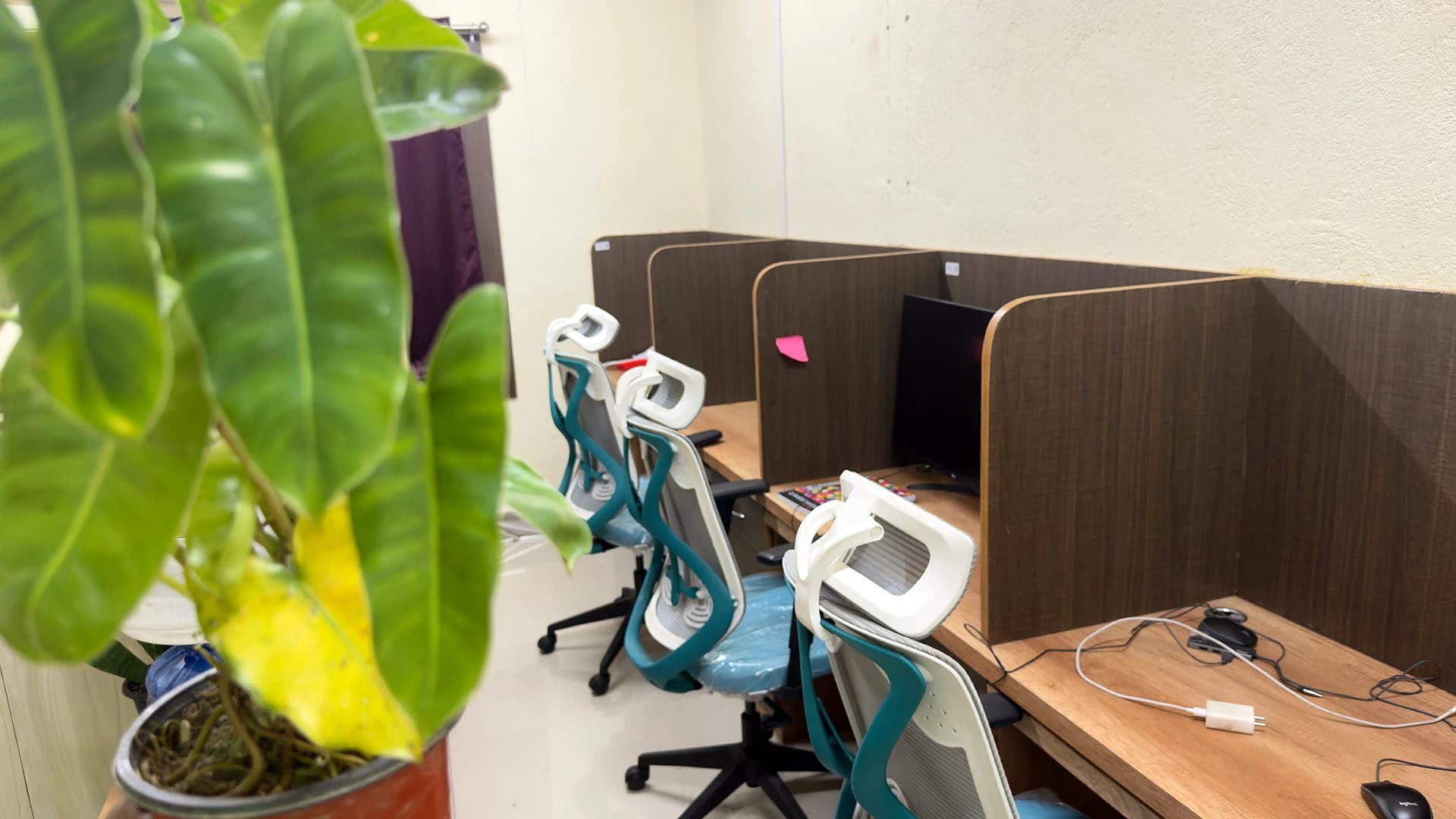 The team's desks and chairs in the office in Kolkata, India