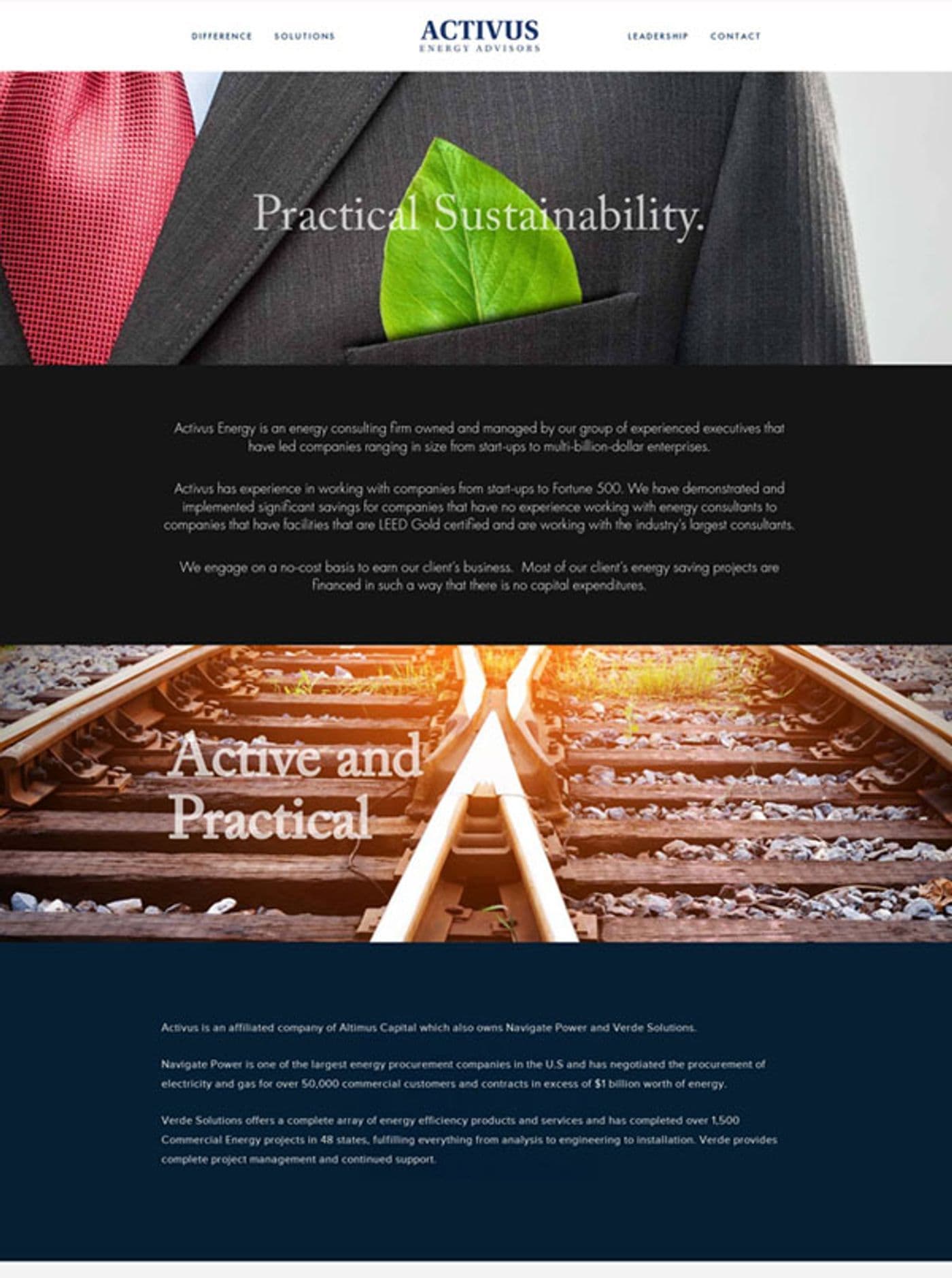 Activus Energy Advisors: WordPress home page opening on a green leaf tucked into a suit pocket
