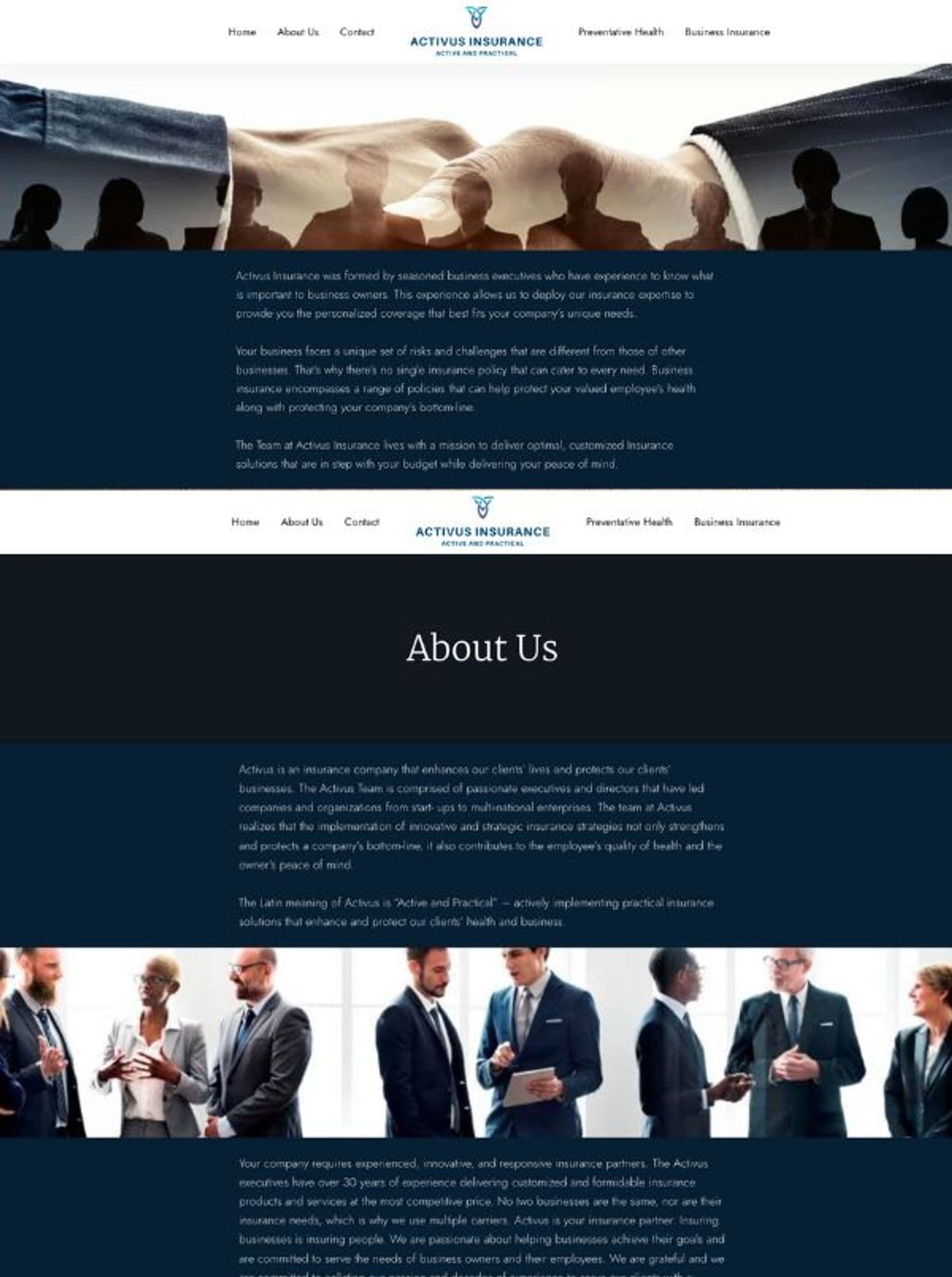 The Activus Insurance homepage: a handshake banner over navy text panels, and business people in an office below