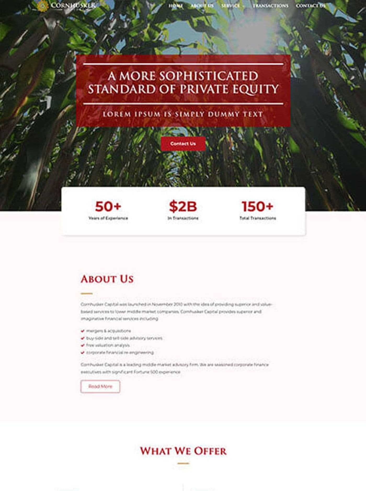Cornhusker Capital's WordPress homepage, a red headline panel over a cornfield photo